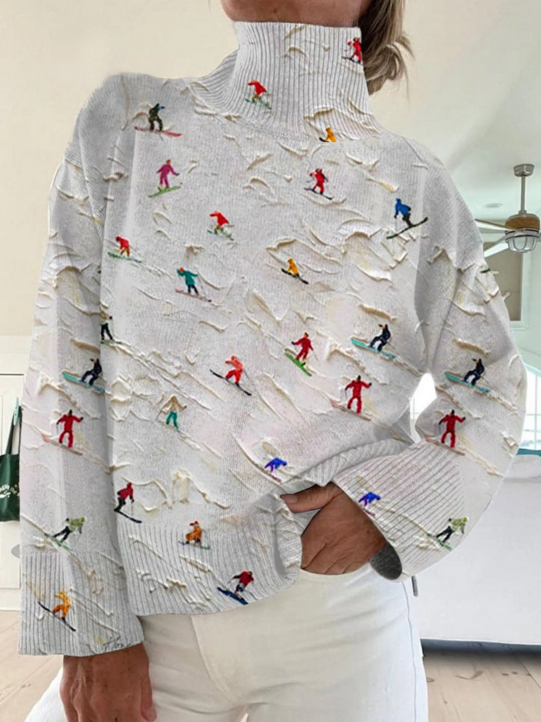 Retro Apres Ski Art Print Knit Turtleneck Pullover Sweater