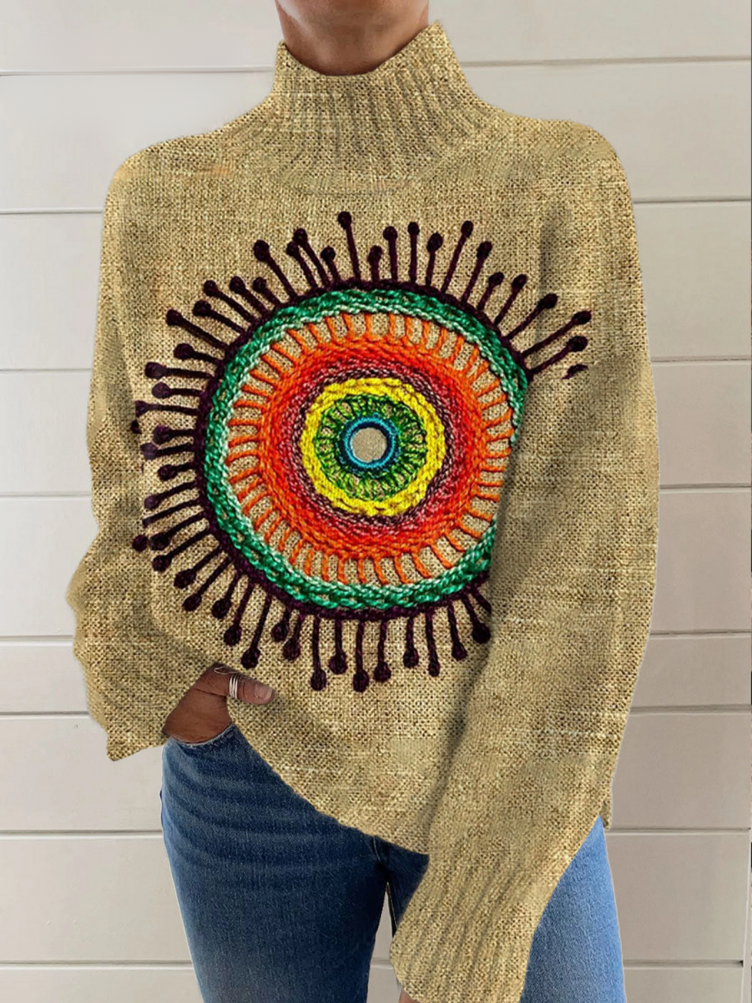 Vintage Psychedelic Collage Sunflower Retro Hippie Art Pattern Art Print Knit Turtleneck Pullover Sweater