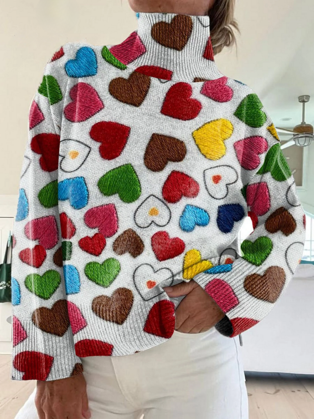 Valentine's Day Art Love Print Knit Turtleneck Pullover Sweater