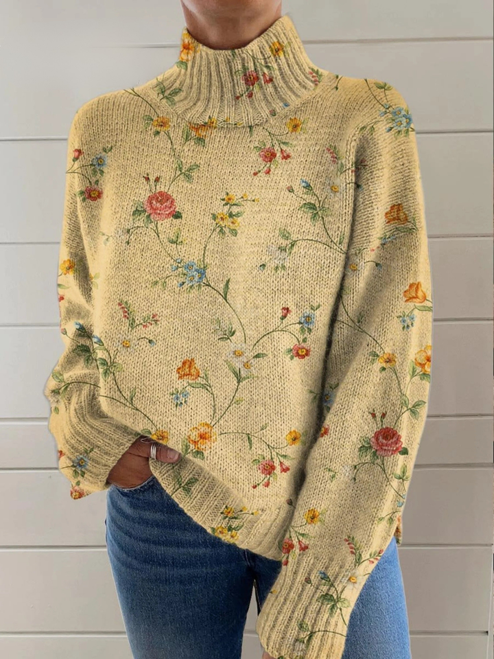 Women's Lovely Floral Art Print Knit Turtleneck Pullover Sweater
