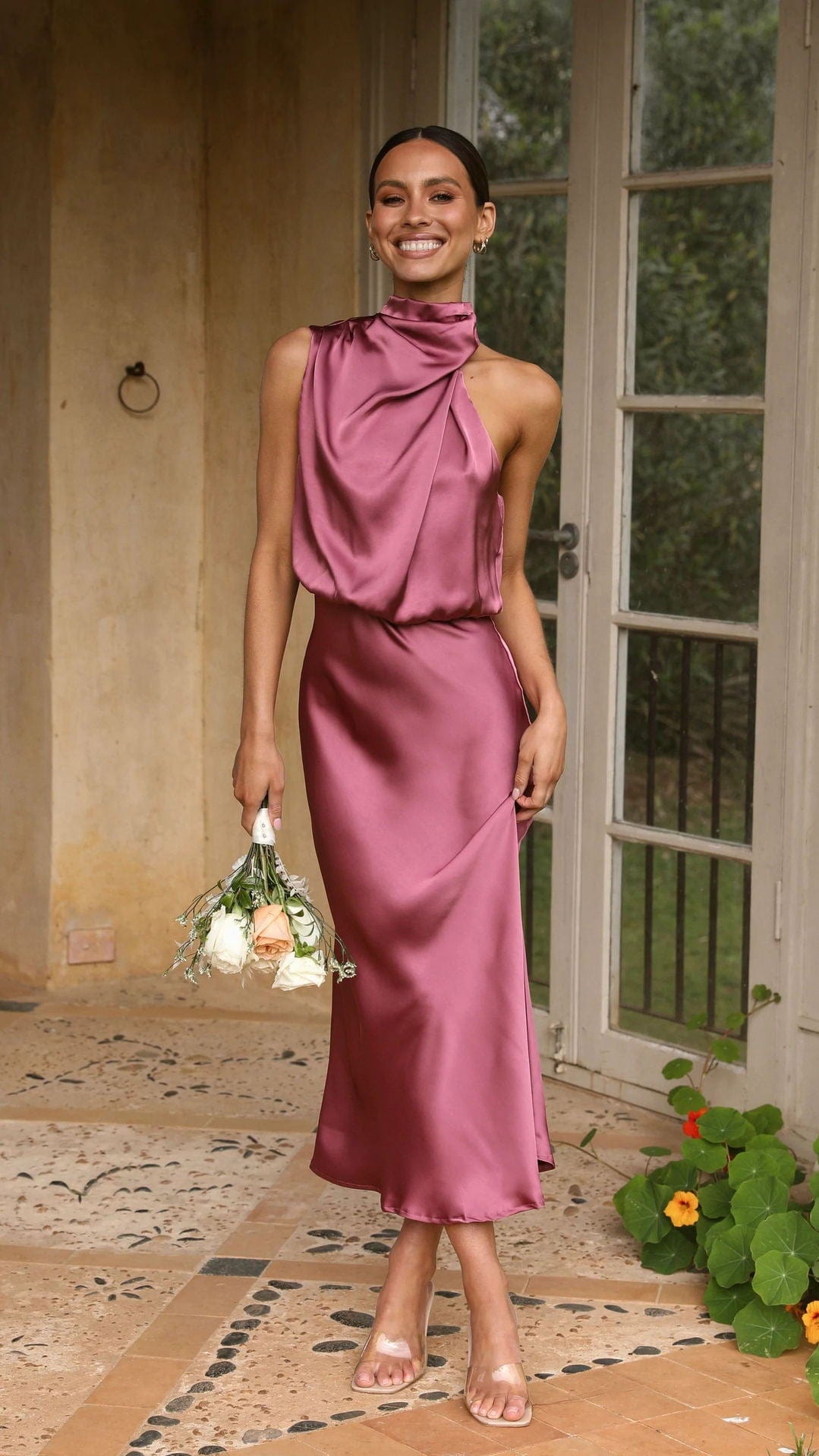 Rochell™ - Elegant Satin Dress with High Neck Old Pink