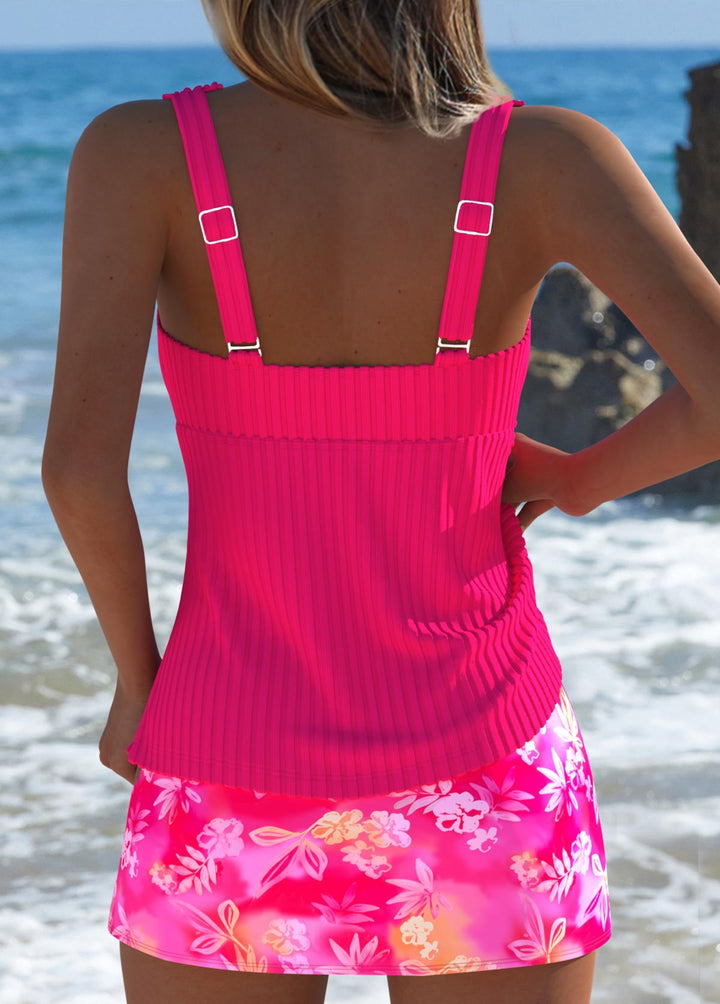 Cheerful Tankini Set in Bright Pink with Floral Print and Mid-Rise Waist | Last Day 80% Off!