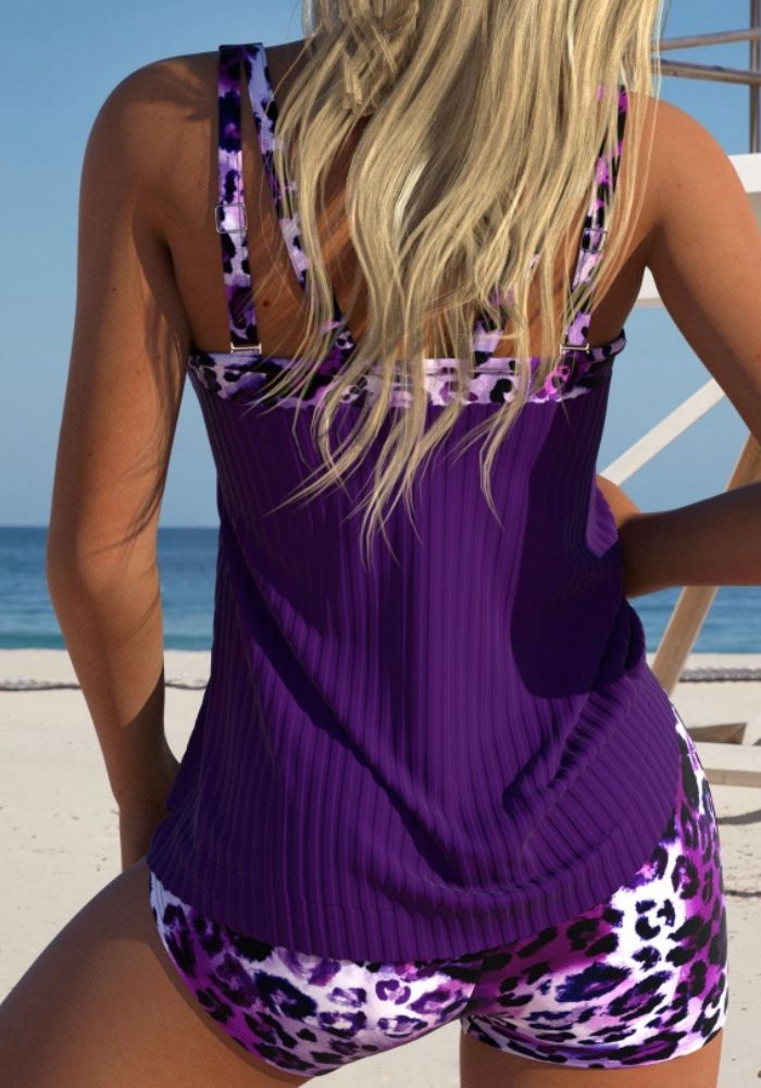 Lana - Dark Purple Leopard Tankini with Patchwork | Last Day 80% Off!