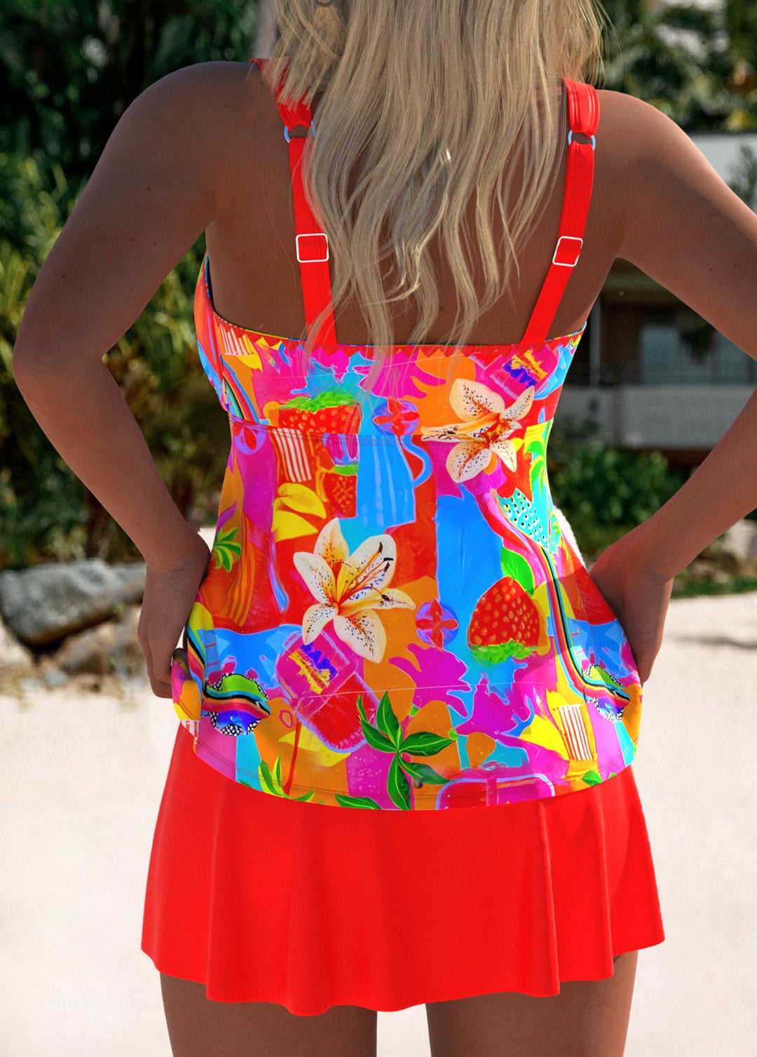 Stylish Coral Tankini Set with Geometric Print and Mid-Rise Waist | Last Day 80% Off!