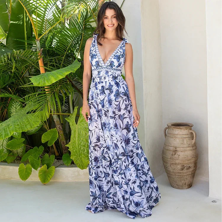 V-Neck One-Piece Swimsuit with Lacing and Print Including Skirt