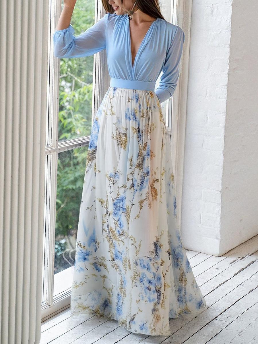 Celeste™ | Airy Maxi Dress with Deep V-Neck and Floral Print