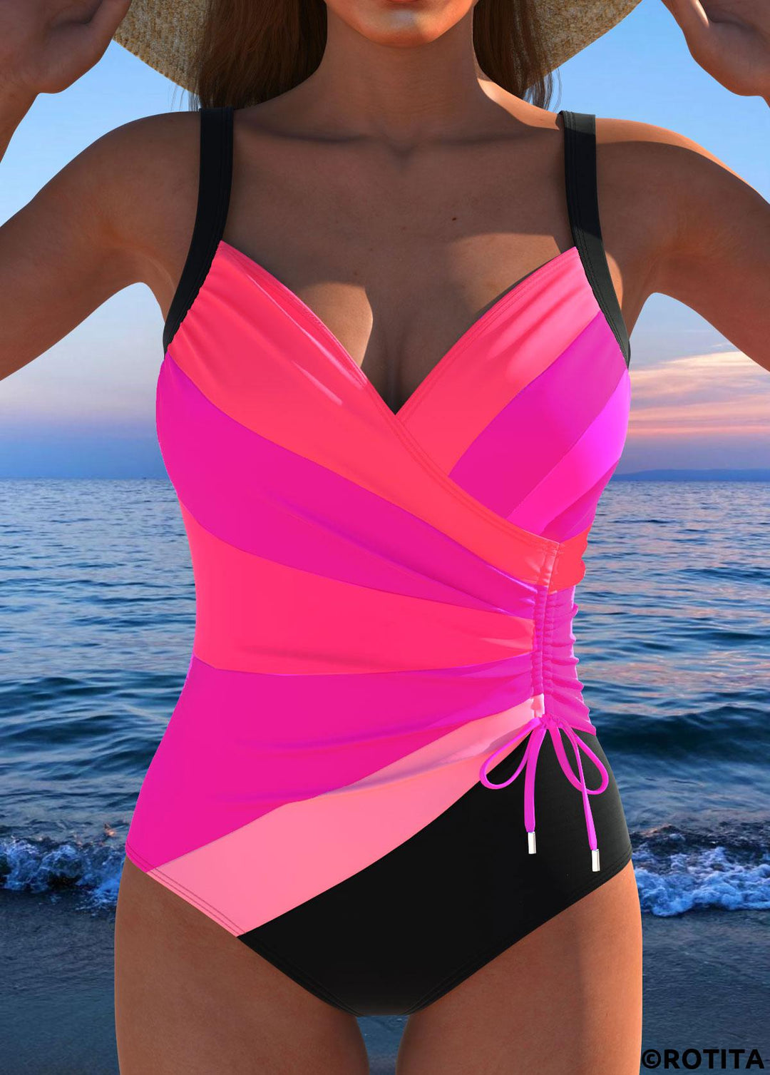 Sporty Swimsuit with Drawstring and Multistripe Print | Last Day 80% Off!