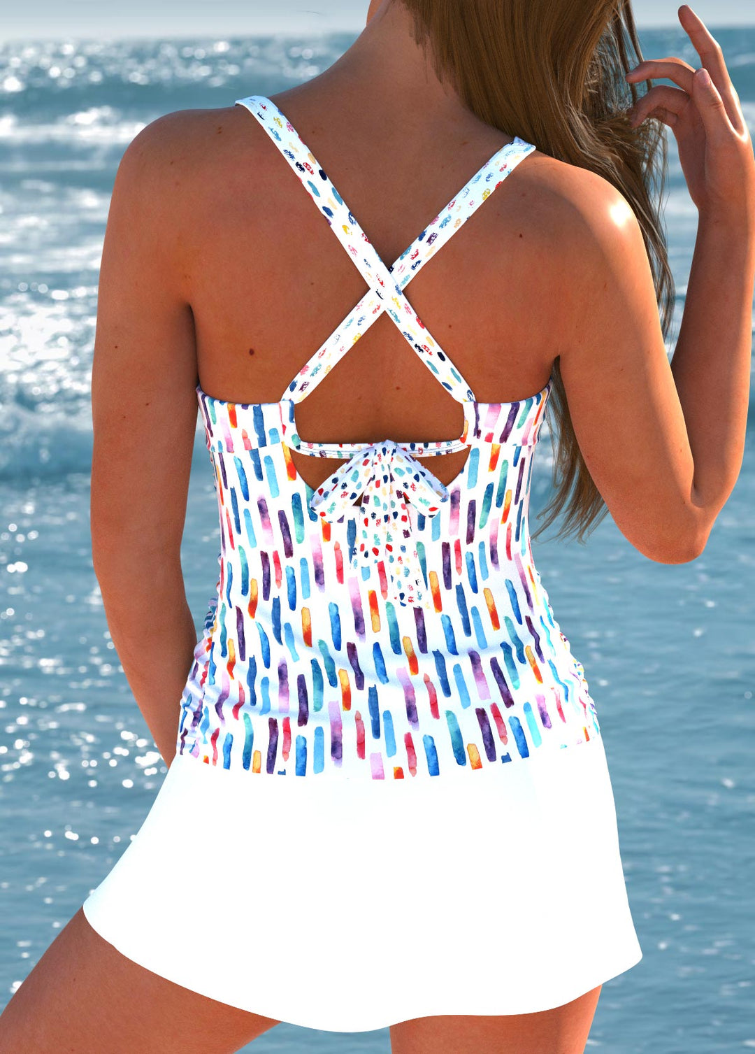 Trendy Criss Cross White Tankini Set with Print | Last Day 80% Off!
