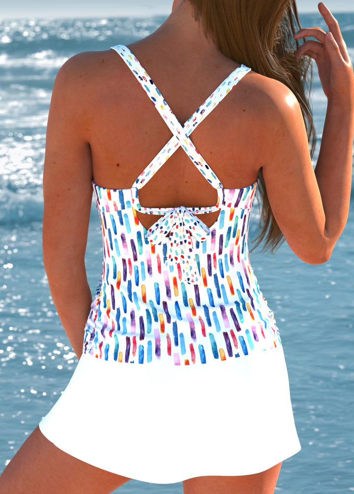 Trendy Criss Cross White Tankini Set with Print | Last Day 80% Off!