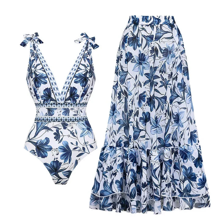 V-Neck One-Piece Swimsuit with Lacing and Print Including Skirt