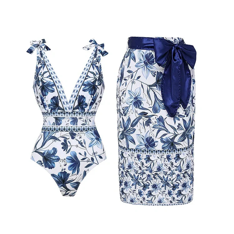 V-Neck One-Piece Swimsuit with Lacing and Print Including Skirt