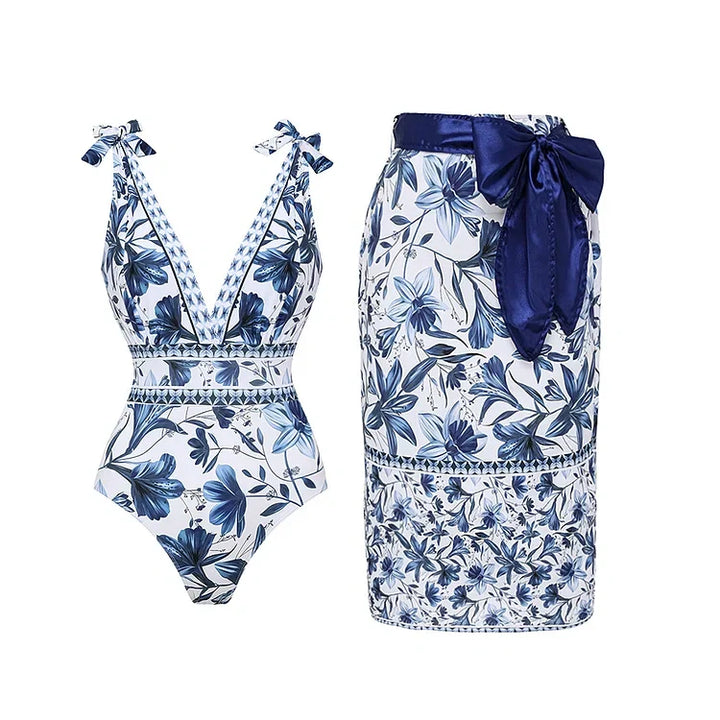V-Neck One-Piece Swimsuit with Lacing and Print Including Skirt
