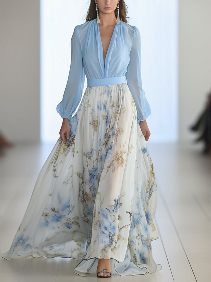 Celeste™ | Airy Maxi Dress with Deep V-Neck and Floral Print