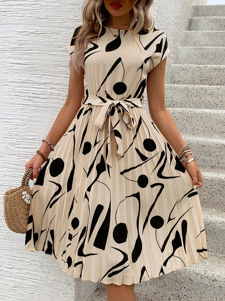 Allaine | Elegant pleated midi dress with waist belt