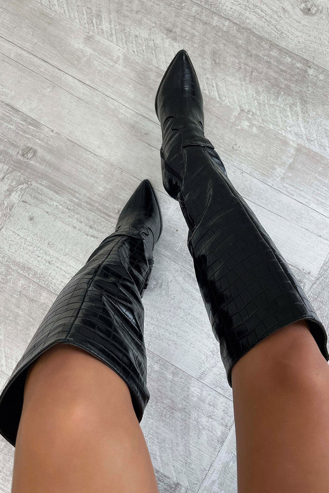 Mila™ Black Croc Knee-High Boots